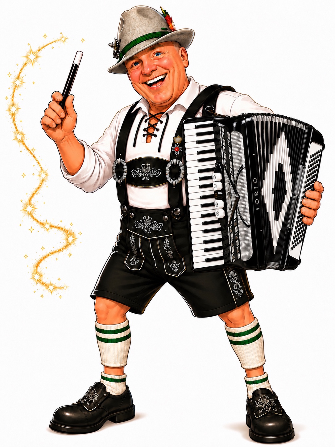 John Kostyal in Bavarian attire holding a magic wand and accordion